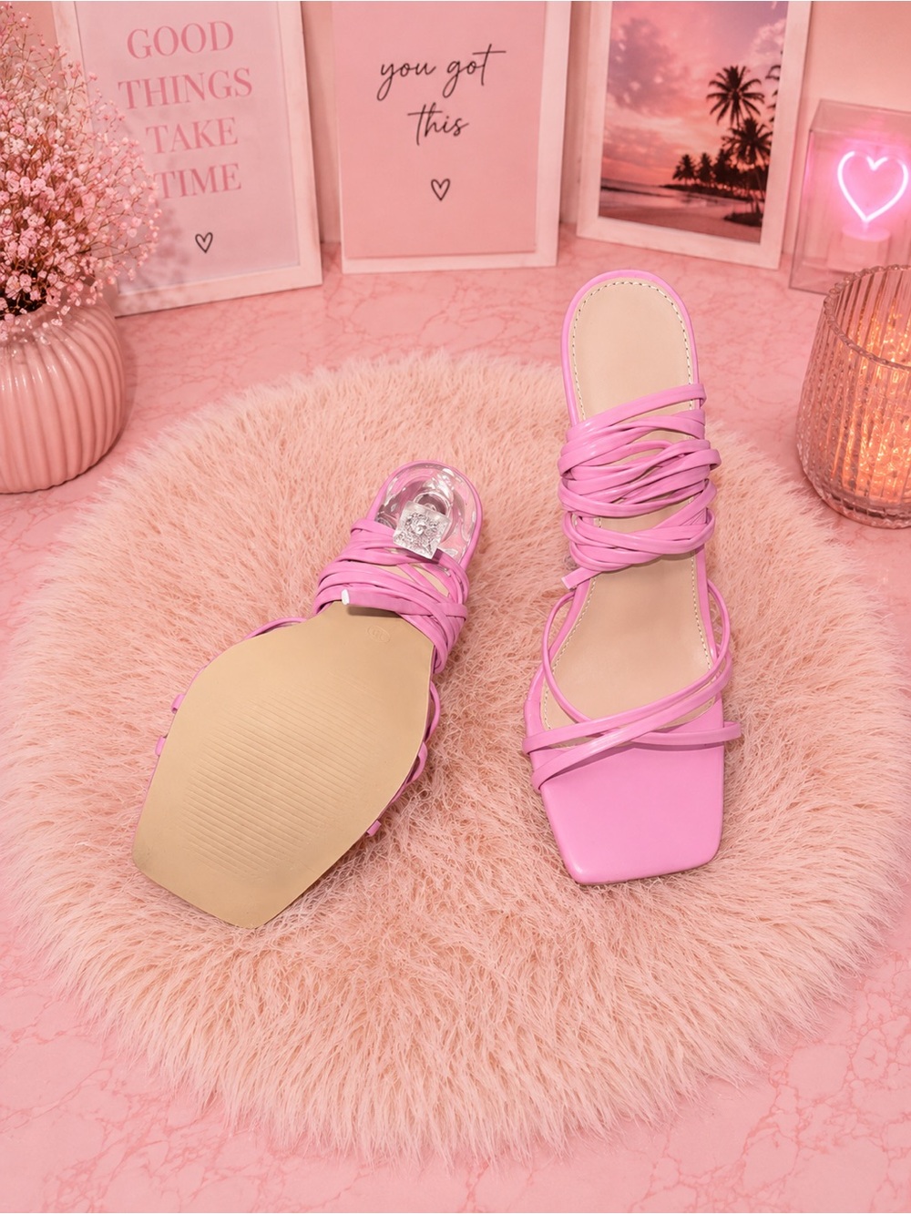 Women's Strappy Square-Toe Pink Sandals